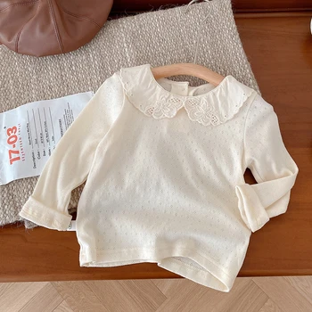 Осень-весна, детская одежда в корейском стиле, хлопковый однотонный пуловер с кружевной отстрочкой, топ, детская рубашка, детская футболка