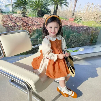 Платье принцессы для девочек 2023, Весна-осень, Новые Корейские Детские Оранжевые и Бежевые платья с вышивкой из хлопка и льна в стиле ретро, комплект из двух предметов