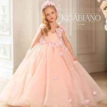 Платья с цветочным узором для девочек, розовое детское платье принцессы с цветочными оборками для первого причастия, платье для крещения малышей с V-образным вырезом длиной до пола
