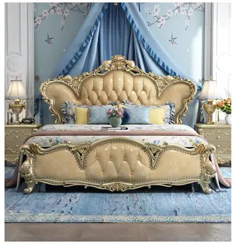 Роскошная кровать из цельного дерева с французской резьбой, кожаная кровать цвета шампанского, золотая свадебная кровать
