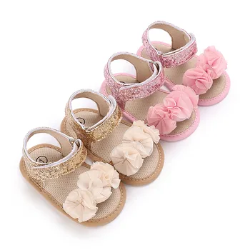 Сандалии для новорожденных девочек; Летние кружевные сандалии с цветочным узором; модная нескользящая обувь на мягкой подошве для малышей; первые ходунки для малышей;