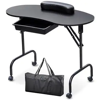 Складной маникюрный столик Smile Mart на запирающихся колесиках с сумкой-подушкой для запястий, черный