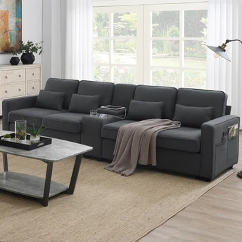 Современный мягкий диван 114,2 дюйма с Журнальным столиком для хранения и 2 Подстаканниками, 2 USB-портами, Диваны из Льняной ткани