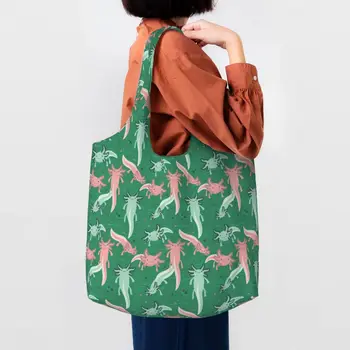 Сумка-тоут с рисунком Холли Гальван Аксолотль, сумка для покупок в продуктовых магазинах, холщовые сумки для покупок в виде животных Саламандры, сумки для покупок через плечо, сумки большой вместимости.