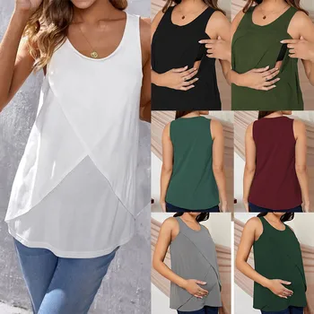 Топы на бретелях для беременных и кормящих женщин, футболка с нерегулярным однотонным подолом, Повседневные топы для мам с коротким рукавом, базовые топы для кормящих беременных