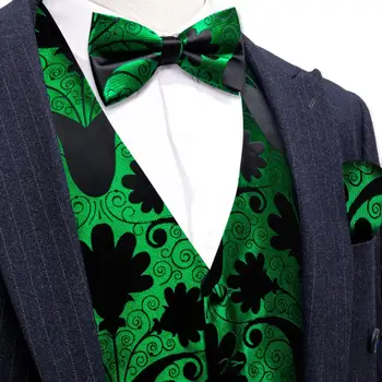 Шелковый зелено-черный жилет для мужчин, роскошный жилет в цветочек, галстук-бабочка, квадратный карман, жакет без рукавов, свадебный формальный Barry Wang