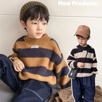 Шерстяной свитер для мальчиков, вязаный крючком, хлопчатобумажная вязка, ветровка 2023, ретро, теплый осенне-зимний пуловер, детская одежда