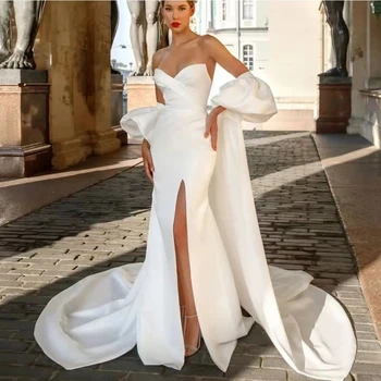 Элегантное свадебное платье Русалки для женщины Простое атласное свадебное платье Sweewhearts с высоким разрезом и платьем для свадебной вечеринки с шалью