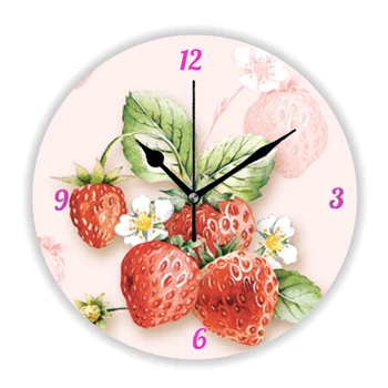 Элегантные пастельные розово-красные настенные часы для любителей клубники и фруктов, часы для кухни, спальни, настенное искусство с клубникой, Веганский подарок, декор для дома